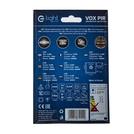 Eko-Light Oprawa schodowa VOX Barwa Neutralna 4000K 12V z czujnikiem ruchu EKS1510 BIAŁY / SREBRNY
