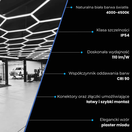 Lampa LED Hexagon Blaupunkt 230W geometryczny panel sufitowy led 4000K CRI90 w kształcie plasta miodu