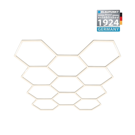 Efektowne oświetlenie LED Blaupunkt Hexagon 297 x 412 cm, konfigurowalny system LED o ciepłej barwie w kształcie plastra miodu do showroomu, galerii, salonu samochodowego, serwisu, garażu