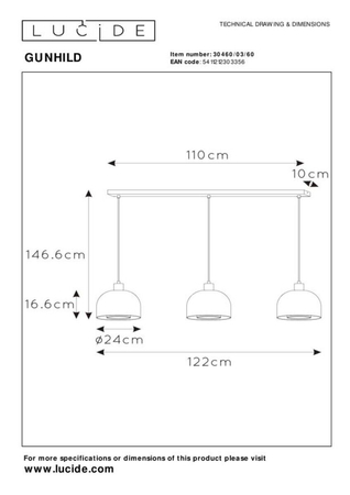 Lampa wisząca Lucide GUNHILD 30460/03/60 beżowy/złoty