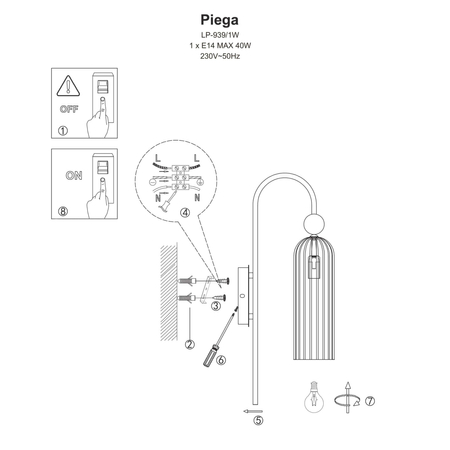 Kinkiet ścienny glamour Piega 1xE14 LP-939/1W