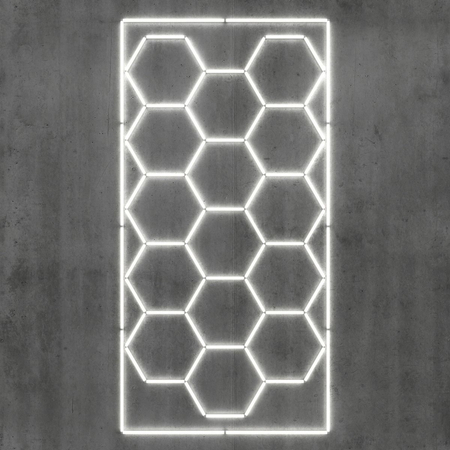 Efektowne oświetlenie LED Blaupunkt Hexagon 243 X 483 cm, Konfigurowalny system LED o naturalnej barwie w kształcie plastra miodu do showroomu, galerii, salonu samochodowego, serwisu, garażu