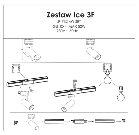 Reflektor Ice do szynoprzewodów 1F 1xGU10 czarny LP-732/1R 3W BK