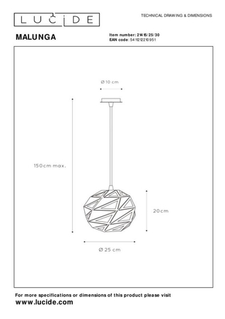 Lampa wisząca Lucide MALUNGA 21415/25/30 czarny/złoty