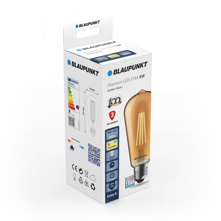 Blaupunkt Żarówka LED Filament E27 ST64 8W Amber Glass Ściemnialna